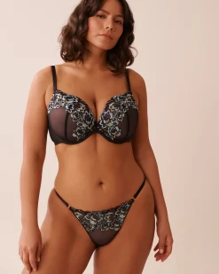 la Vie en Rose String></noscript>Adjustable Embroidered Mesh String Panty Black & Blue Flowers