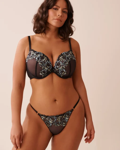 la Vie en Rose String>Adjustable Embroidered Mesh String Panty Black & Blue Flowers