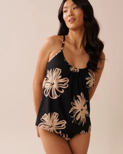 la Vie en Rose On Neutral Ground|Tops>Racerback Tankini Top Black Hibiscus