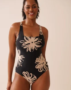 la Vie en Rose On Neutral Ground|One-pieces></noscript>Square Neck One-piece Swimsuit Black Hibiscus