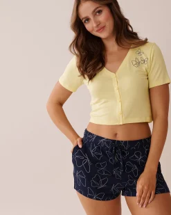 la Vie en Rose Tops>Butterfly Print Soft Jersey Crop T-shirt Lemon Yellow