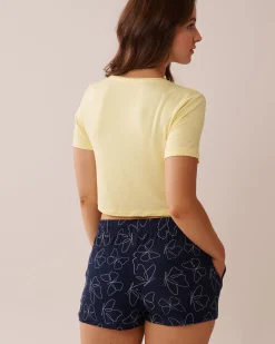 la Vie en Rose Tops>Butterfly Print Soft Jersey Crop T-shirt Lemon Yellow