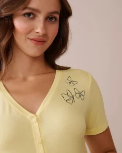 la Vie en Rose Tops></noscript>Butterfly Print Soft Jersey Crop T-shirt Lemon Yellow