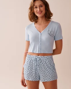 la Vie en Rose Tops>Butterfly Print Soft Jersey Crop T-shirt Cool Blue