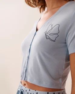 la Vie en Rose Tops>Butterfly Print Soft Jersey Crop T-shirt Cool Blue