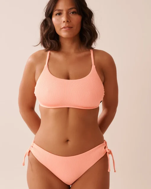la Vie en Rose Texture Play|Summer Romance>Ribbed Side Tie Cheeky Bikini Bottom Coral Pink