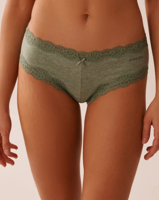 la Vie en Rose Cotton Panties|Cheeky>Cotton and Lace Trim Cheeky Panty Forest Green