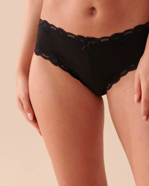 la Vie en Rose Cotton Panties|Cheeky>Cotton and Lace Trim Cheeky Panty Black