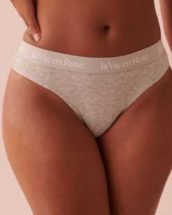 la Vie en Rose Cotton Panties|Thong>Cotton and Logo Elastic Band Thong Panty Grey
