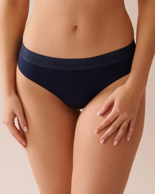 la Vie en Rose Cotton Panties|Thong>Cotton and Logo Elastic Band Thong Panty Navy Blue