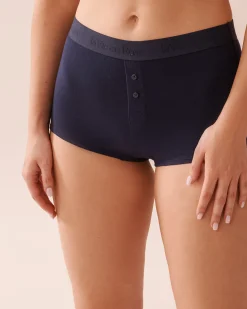 la Vie en Rose Cotton Panties|Boyshort>Cotton and Logo Elastic Band High Waist Boyleg Panty Navy Blue