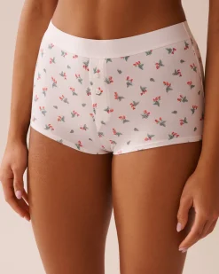 la Vie en Rose Cotton Panties|Boyshort>Cotton and Logo Elastic Band High Waist Boyleg Panty White/Strawberries