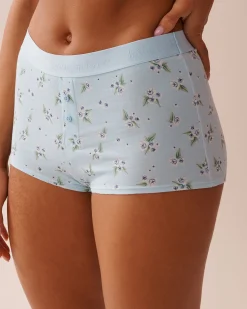 la Vie en Rose Cotton Panties|Boyshort>Cotton and Logo Elastic Band High Waist Boyleg Panty Blue/Hydrangeas
