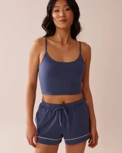 la Vie en Rose Cotton Pajamas|Tops>Cotton Crop Cami with Shelf Bra Indigo Blue