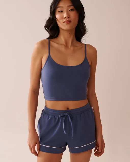 la Vie en Rose Cotton Pajamas|Tops>Cotton Crop Cami with Shelf Bra Indigo Blue