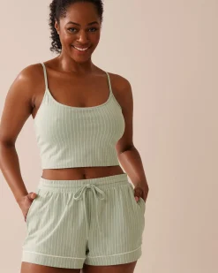 la Vie en Rose Cotton Pajamas|Tops>Cotton Crop Cami with Shelf Bra Frosty Green Stripes