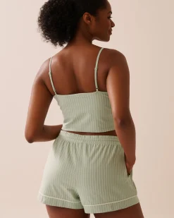 la Vie en Rose Cotton Pajamas|Tops>Cotton Crop Cami with Shelf Bra Frosty Green Stripes