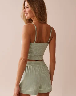 la Vie en Rose Cotton Pajamas|Tops></noscript>Cotton Crop Cami with Shelf Bra Frosty Green Stripes