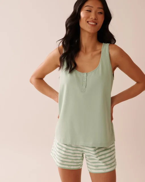 la Vie en Rose Cotton Pajamas|Tops>Cotton Henley Cami Frosty Green
