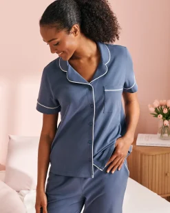 la Vie en Rose Tops|Cotton Pajamas>Cotton Short Sleeve Button-down Shirt Indigo Blue