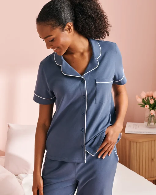 la Vie en Rose Tops|Cotton Pajamas>Cotton Short Sleeve Button-down Shirt Indigo Blue