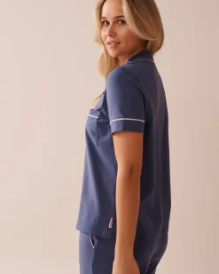 la Vie en Rose Tops|Cotton Pajamas>Cotton Short Sleeve Button-down Shirt Indigo Blue