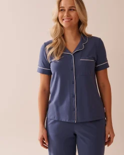 la Vie en Rose Tops|Cotton Pajamas></noscript>Cotton Short Sleeve Button-down Shirt Indigo Blue