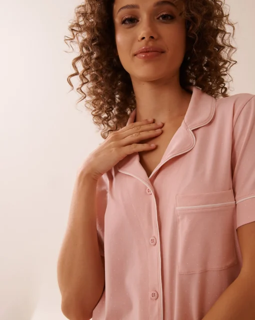 la Vie en Rose Cotton Pajamas|Tops>Cotton Short Sleeve Button-down Shirt Pink & White Polka Dot
