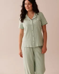 la Vie en Rose Cotton Pajamas|Tops>Cotton Short Sleeve Button-down Shirt Frosty Green Stripes