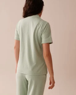 la Vie en Rose Cotton Pajamas|Tops>Cotton Short Sleeve Button-down Shirt Frosty Green Stripes