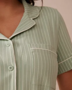 la Vie en Rose Cotton Pajamas|Tops></noscript>Cotton Short Sleeve Button-down Shirt Frosty Green Stripes