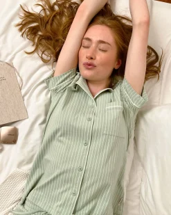 la Vie en Rose Cotton Pajamas|Tops></noscript>Cotton Short Sleeve Button-down Shirt Frosty Green Stripes
