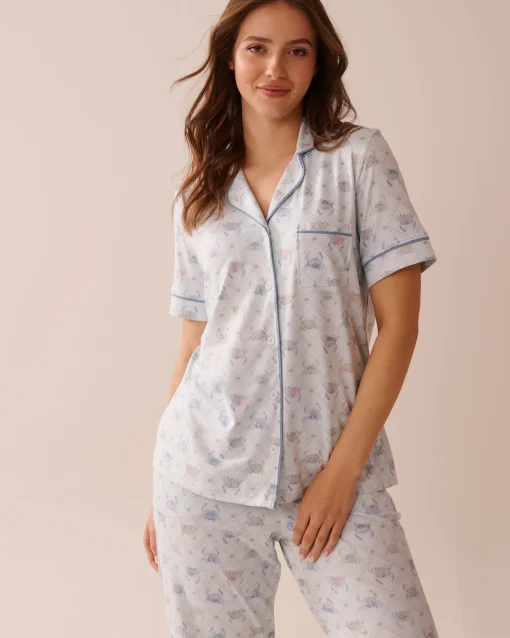la Vie en Rose The Peachy Dream Collection|Tops>Crab Print Super Soft Short Sleeve Button-down Shirt Sea Blue/Crab