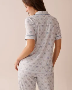 la Vie en Rose The Peachy Dream Collection|Tops>Crab Print Super Soft Short Sleeve Button-down Shirt Sea Blue/Crab