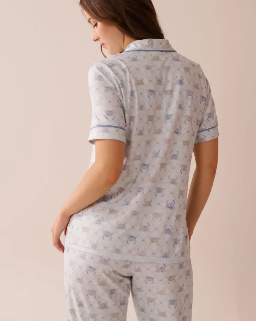 la Vie en Rose The Peachy Dream Collection|Tops>Crab Print Super Soft Short Sleeve Button-down Shirt Sea Blue/Crab