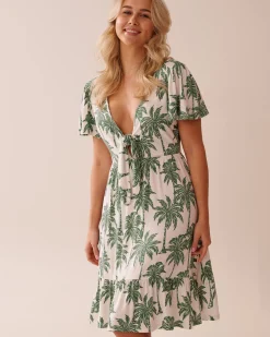 la Vie en Rose Beachwear>Crepe Short Sleeve Dress Beige Palm