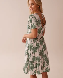 la Vie en Rose Beachwear>Crepe Short Sleeve Dress Beige Palm