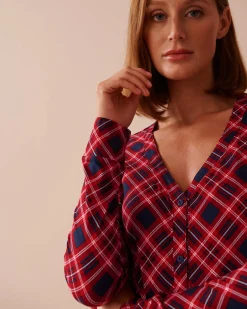 la Vie en Rose The Peachy Dream Collection|Tops></noscript>Diagonal Plaid Super Soft V-neck Button-front Top Blue & Red Diagonal Plaid