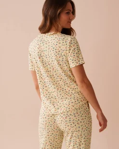 la Vie en Rose Tops>Ditsy Floral Print Ribbed T-shirt Spring Bouquet