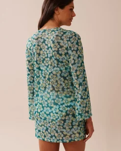 la Vie en Rose A Splashing Escape|Beachwear></noscript>Floral Mesh Long Sleeve Tunic Aqua Flora