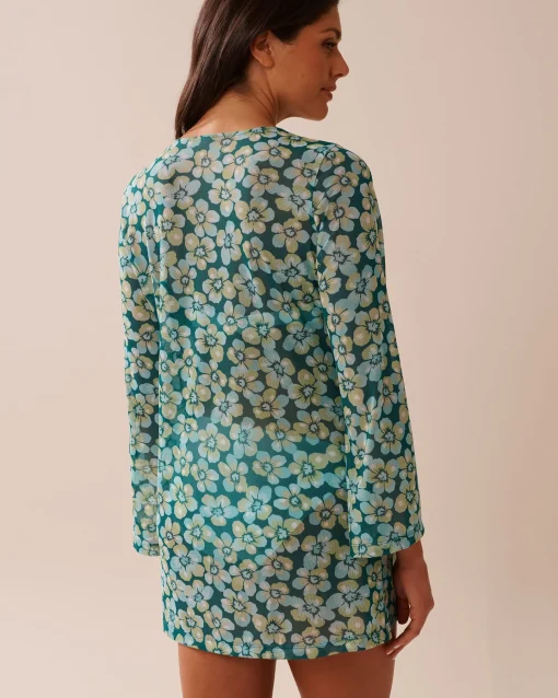 la Vie en Rose A Splashing Escape|Beachwear>Floral Mesh Long Sleeve Tunic Aqua Flora