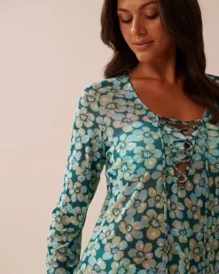 la Vie en Rose A Splashing Escape|Beachwear></noscript>Floral Mesh Long Sleeve Tunic Aqua Flora