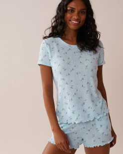 la Vie en Rose Tops>Floral Print Lettuce Edge Pointelle T-shirt Blue/Hydrangeas