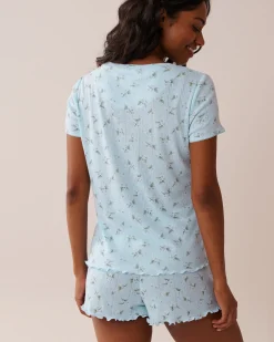 la Vie en Rose Tops>Floral Print Lettuce Edge Pointelle T-shirt Blue/Hydrangeas