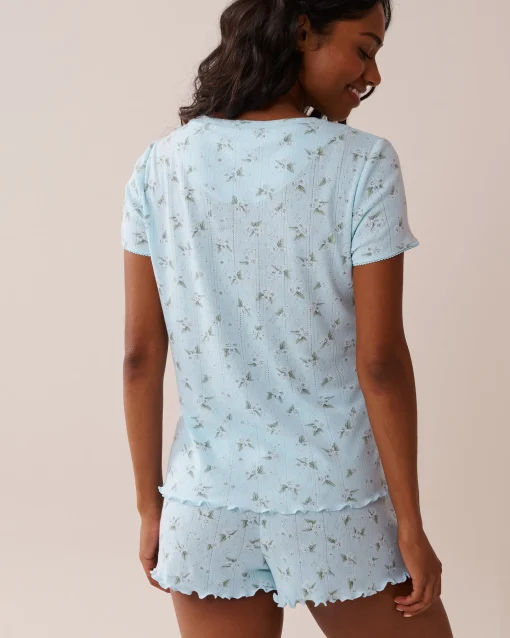 la Vie en Rose Tops>Floral Print Lettuce Edge Pointelle T-shirt Blue/Hydrangeas