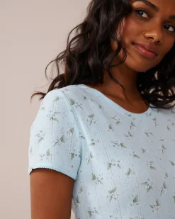la Vie en Rose Tops></noscript>Floral Print Lettuce Edge Pointelle T-shirt Blue/Hydrangeas