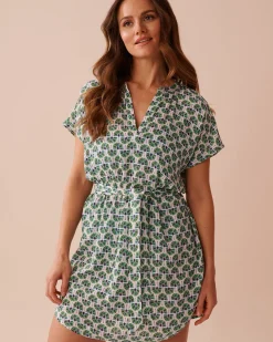 la Vie en Rose A Splashing Escape|Beachwear>Gauze Short Dress Geo Palm Tree