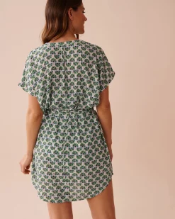 la Vie en Rose A Splashing Escape|Beachwear>Gauze Short Dress Geo Palm Tree