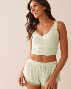 la Vie en Rose The Peachy Dream Collection|Tops></noscript>Gingham Print Super Soft Crop Cami Green Gingham