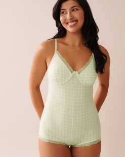 la Vie en Rose The Peachy Dream Collection>Gingham Print Super Soft Sleeveless Romper Green Gingham